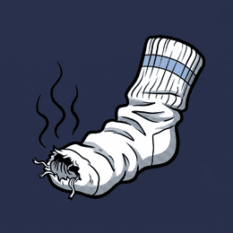 A rumpled white cotton crew sock with a pale blue stripe band, chewed at the toe, three wavy stink lines rising off it