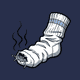 A rumpled white cotton crew sock with a pale blue stripe band, chewed at the toe, three wavy stink lines rising off it