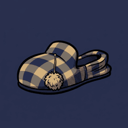 A tartan slipper in navy and tan plaid, heel crushed flat, one chewed pom-pom hanging by a thread, seen three-quarter from the side