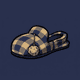 A tartan slipper in navy and tan plaid, heel crushed flat, one chewed pom-pom hanging by a thread, seen three-quarter from the side