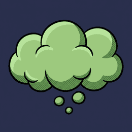 A cartoon fart cloud of three overlapping billows of pale green vapour with a comic ink outline and small flecks trailing below