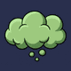 A cartoon fart cloud of three overlapping billows of pale green vapour with a comic ink outline and small flecks trailing below