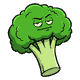 A single broccoli floret, bright green with a thick pale stalk, a comic ink outline and a smug grumpy little face