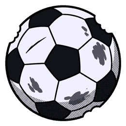 A scuffed soccer ball with grass stains, a few tooth dents and one small scratch