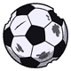 A scuffed soccer ball with grass stains, a few tooth dents and one small scratch