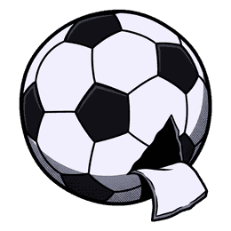A punctured soccer ball, deflating, one triangular flap of leather torn open and hanging
