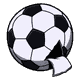 A punctured soccer ball, deflating, one triangular flap of leather torn open and hanging