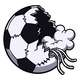 A badly shredded soccer ball, half its panels ripped away, stuffing and threads spilling out