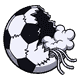 A badly shredded soccer ball, half its panels ripped away, stuffing and threads spilling out