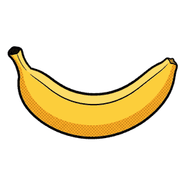 A bright yellow ripe banana lying horizontally with a gentle upward curve, comic ink outline, seen flat from the side