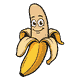 A ripe yellow banana half peeled with the peel curling down, comic ink outline, a happy little face on the fruit
