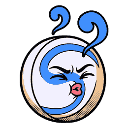 A round white breath mint with a pale blue swirl and cold vapour wisps, comic ink outline, a sour puckered face