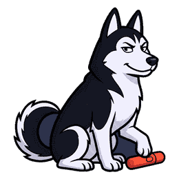 Mya the Siberian husky sitting side-on, mischievous and aloof, one paw resting on a red laser pointer pen, tail curled