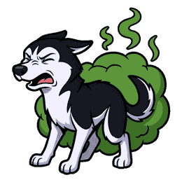 Mya the Siberian husky recoiling with her nose wrinkled and one eye shut, ears flat, caught in a green stink cloud