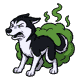 Mya the Siberian husky recoiling with her nose wrinkled and one eye shut, ears flat, caught in a green stink cloud