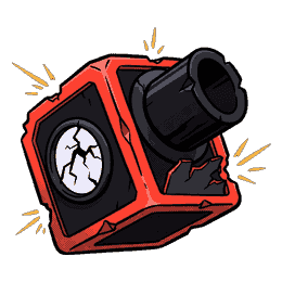A red and black ball launcher machine badly dented with sparks and a cracked lens, comic ink outline