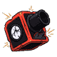 A red and black ball launcher machine badly dented with sparks and a cracked lens, comic ink outline