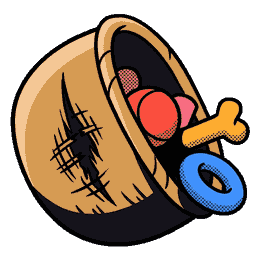 A wicker toy basket split open with cracks down its side and toys spilling out, comic ink outline