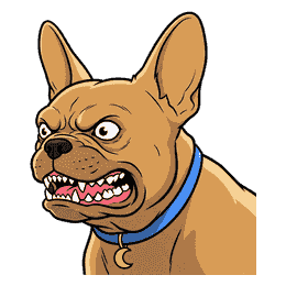 Gizmo head and shoulders side-on, snarling with all teeth bared and gums showing, eyes wide and wild