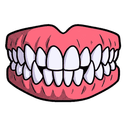 A row of sharp white dog teeth and pink gums curving in a bite, seen edge on, nothing else in the frame