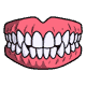 A row of sharp white dog teeth and pink gums curving in a bite, seen edge on, nothing else in the frame