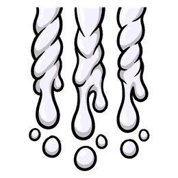 Long stringy strands of clear drool hanging and dripping, glossy, comic ink outline
