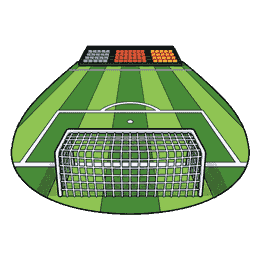 A sunny soccer field seen from behind the goal, white net, painted penalty box lines, green grass stripes, distant stands