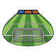 A sunny soccer field seen from behind the goal, white net, painted penalty box lines, green grass stripes, distant stands
