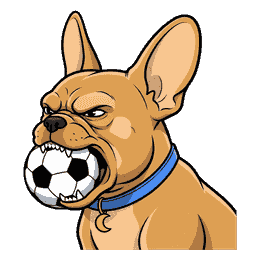 Gizmo with a soccer ball gripped in his jaws, head and shoulders side-on, the clean ball clamped between his upper and lower teeth, lips pulled back around it, eyes narrowed in effort