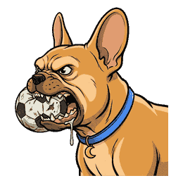 Gizmo with a scuffed soccer ball gripped in his jaws, growling around it, grass stains and tooth dents on the ball, brow furrowed, a thread of drool